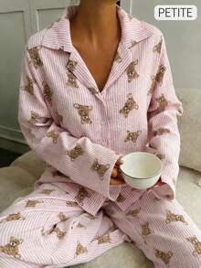 Nina Bonheur 2pcs Women Loose Cardigan Button Bear Print Long Sleeve + Elastic Waist Pants Pajama Set Cute Homewear - Pink - View 2