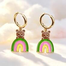 1 Pair Sweet Colorful Oil Drop Rainbow Bear Metal Pendant Earrings, Versatile Personalized Dangle Earrings/Ear Clips/Ear Hoops - Multicolor - View 4