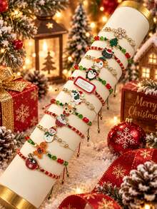 Christmas Beaded Charm Bracelet For Women With Snowflake, Christmas Tree, Snowman, Reindeer And Gingerbread Design, Red Green White Holiday Jewelry - Multicolor - View 5