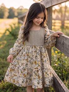 Girls Autumn Bohemian Style Square Neck Long Sleeve A-Line Floral Dress, Doll Dress For Back To School, Party, Autumn Outing, Fashion Item - Multicolor - View 6