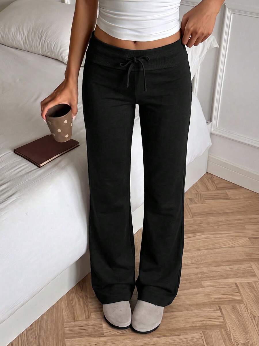 SCARLUX Women's Y2K Grey Wide Leg Sweatpants, Folded Waist Drawstring Knit Long Pants, Suitable For Back To School, Street, Commute, Home And Casual Wear - Black - View 1