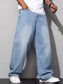 Celana Jeans Denim Pria Biru Model Longgar Gaya Vintage dengan Kaki Lebar, Kasual dan Nyaman, Cocok untuk Semua Musim - Light Wash - View 1