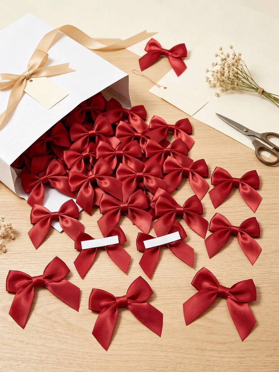 20pcs Red Satin Bows Handmade Decorative Self-Adhesive Pre-Made Mini Bows, Suitable For Gift Wrapping, Sewing, Scrapbooking, Wedding, DIY Party Baking Decoration, Floral Packaging Decoration, Christmas Decoration - Multicolor - View 1