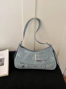 Fashionable High-End Buckle Strap Solid Color Baguette Bag, Y2K Hot Girl Motorcycle Shoulder Bag, Suitable For Daily Street Style, Socializing, Parties, Gifts - Blue - View 1