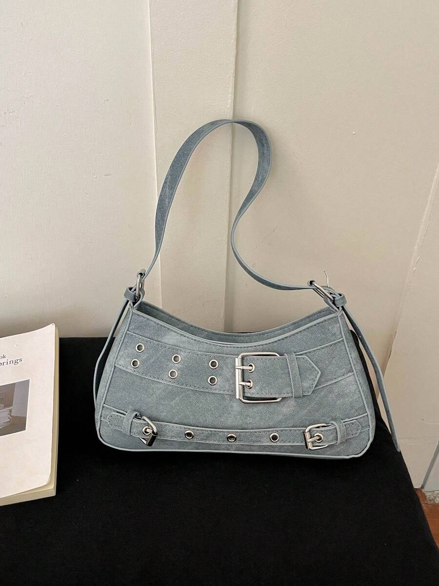Fashionable High-End Buckle Strap Solid Color Baguette Bag, Y2K Hot Girl Motorcycle Shoulder Bag, Suitable For Daily Street Style, Socializing, Parties, Gifts - Blue - View 1