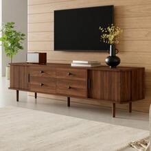 TV Lowboard 165 Cm, MDF TV Cabinet With 4 Drawers And 2 Sliding Doors, Large Storage Space, Rounded Corners - Walnut + MDF - View 6