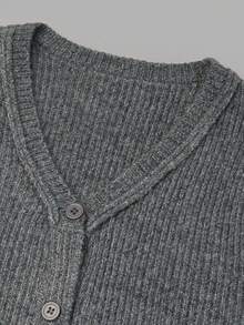 Women's Grey V-Neck Single-Breasted Ruffle Hem Wool Blend Cardigan Sweater, Autumn Outfit For Outing, Dating, Shopping And Commuting - Grey - View 5