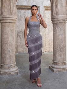 Modphy New Women's Sexy Sleeveless Halter Backless Rhinestone Fashion Fringe Formal Evening Gown, Elegant Formal Evening Dress - Gray Blue - View 1