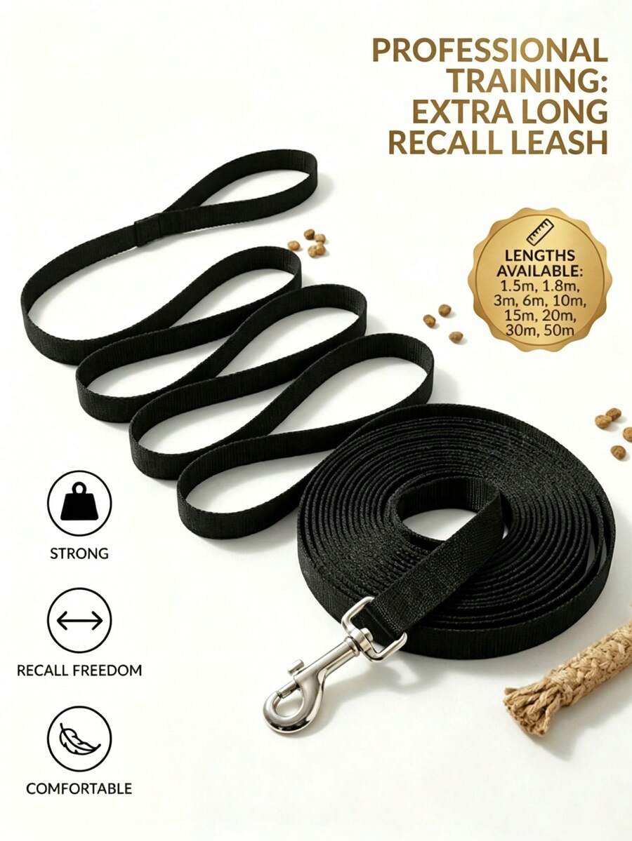 1 PC Durable Nylon Dog Leash For Training And Daily Walks; Suitable For Small, Medium, And Large Dogs; Available In Lengths From 15 Ft To 50 Ft (E.G., 20 Ft, Black); Ideal For Obedience Training And Camping. - Black - View 1