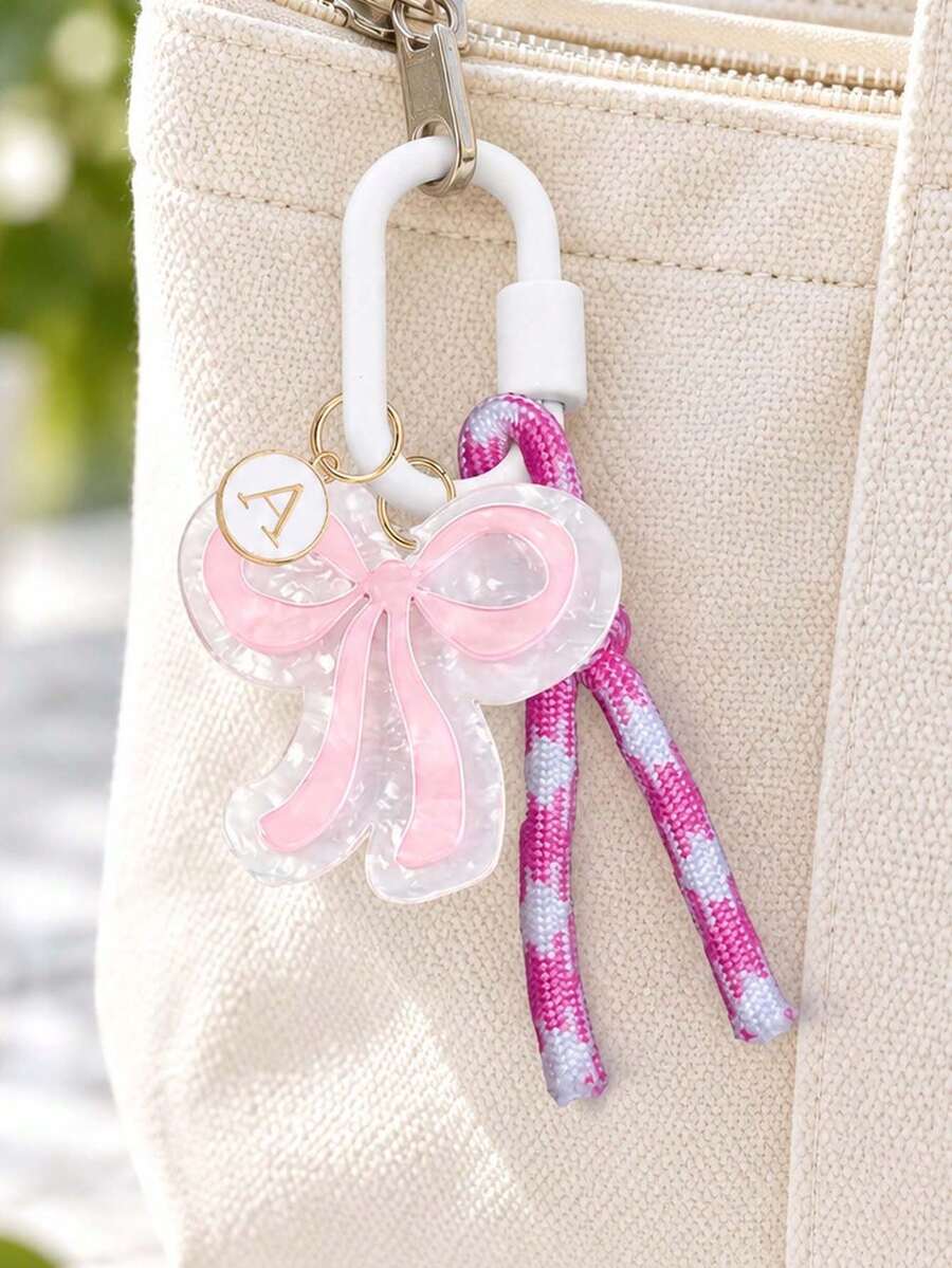 Pink Bow Initial Bag Charm,Elegant Acrylic Bow Keychain With Braided Rope,Fashion Accessories,Purse Backpack Pendant,Gift For Women,Holiday Gifts - Multicolor - View 1