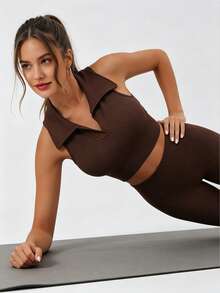 Women's Ribbed Collared Cropped Tank Top, Sleeveless Collared Yoga Fitness Sports Tank, Elastic Seamless Fitness Cropped Top - Brown - View 6