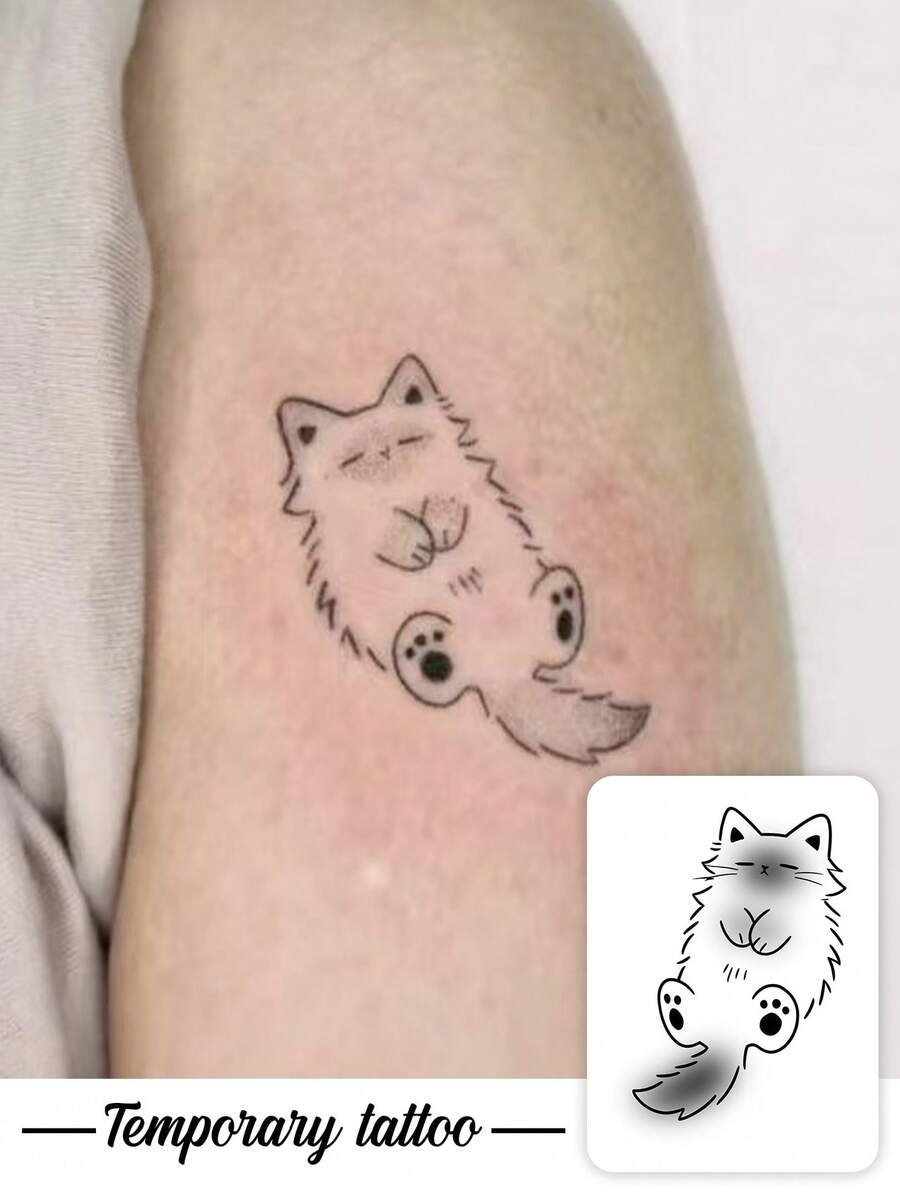 1pc Temporary Tattoo Sticker, Lazy Lying Fluffy Cat Line Art Pattern, Realistic Fake Tattoo Design, For Daily Wear, Bachelorette Party Favors, Music Festival, Game, Graduation Gift, Lasts 3‑5 Days - Black - View 1