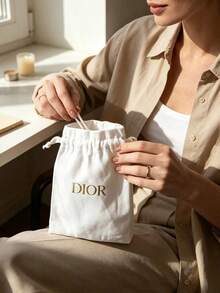 Dior White Linen Drawstring Pouch With Gold Foil Letter Logo, Soft Fabric Portable Storage Bag For Makeup, Skincare, Jewelry, Travel Dust-Proof Small Cloth Bag, Minimalist Gentle Exquisite Holiday Gift - White - View 1
