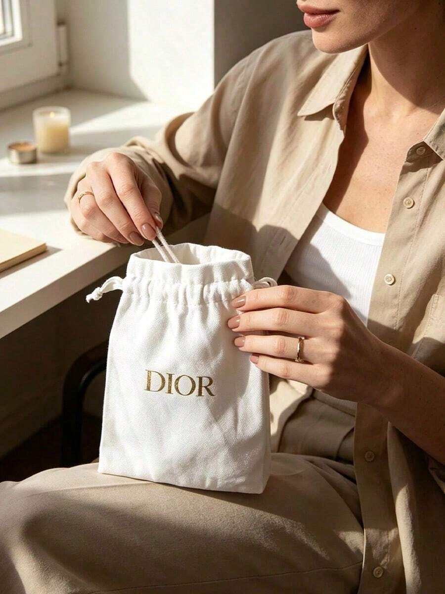 Dior White Linen Drawstring Pouch With Gold Foil Letter Logo, Soft Fabric Portable Storage Bag For Makeup, Skincare, Jewelry, Travel Dust-Proof Small Cloth Bag, Minimalist Gentle Exquisite Holiday Gift - White - View 1