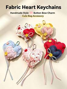 Fabric Heart Keychain,Coquette Cottagecore Embroidered Heart Bag Charm,Button Bow Long Streamer Backpack Pendant,Sweet Aesthetic Key Ring Gift - Multicolor - View 2