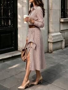 (No Belt) Women's Spring/Autumn Brown & White Vertical Striped Shirt Dress, Lapel Long Sleeve Cinched Waist Slit Midi Dress, French Commuter Elegant Style, Suitable For Office, Urban Street Photography, Dating, Light Business Gatherings - Brown - View 7