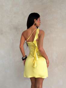 1pc Solid Color Sexy Knit Fabric Sleeveless Dress Beach Autumn - Yellow - View 4