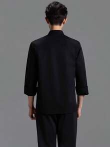 New Unisex Long Sleeve Gold Button Triangle Collar Chef Uniform - Black - View 2
