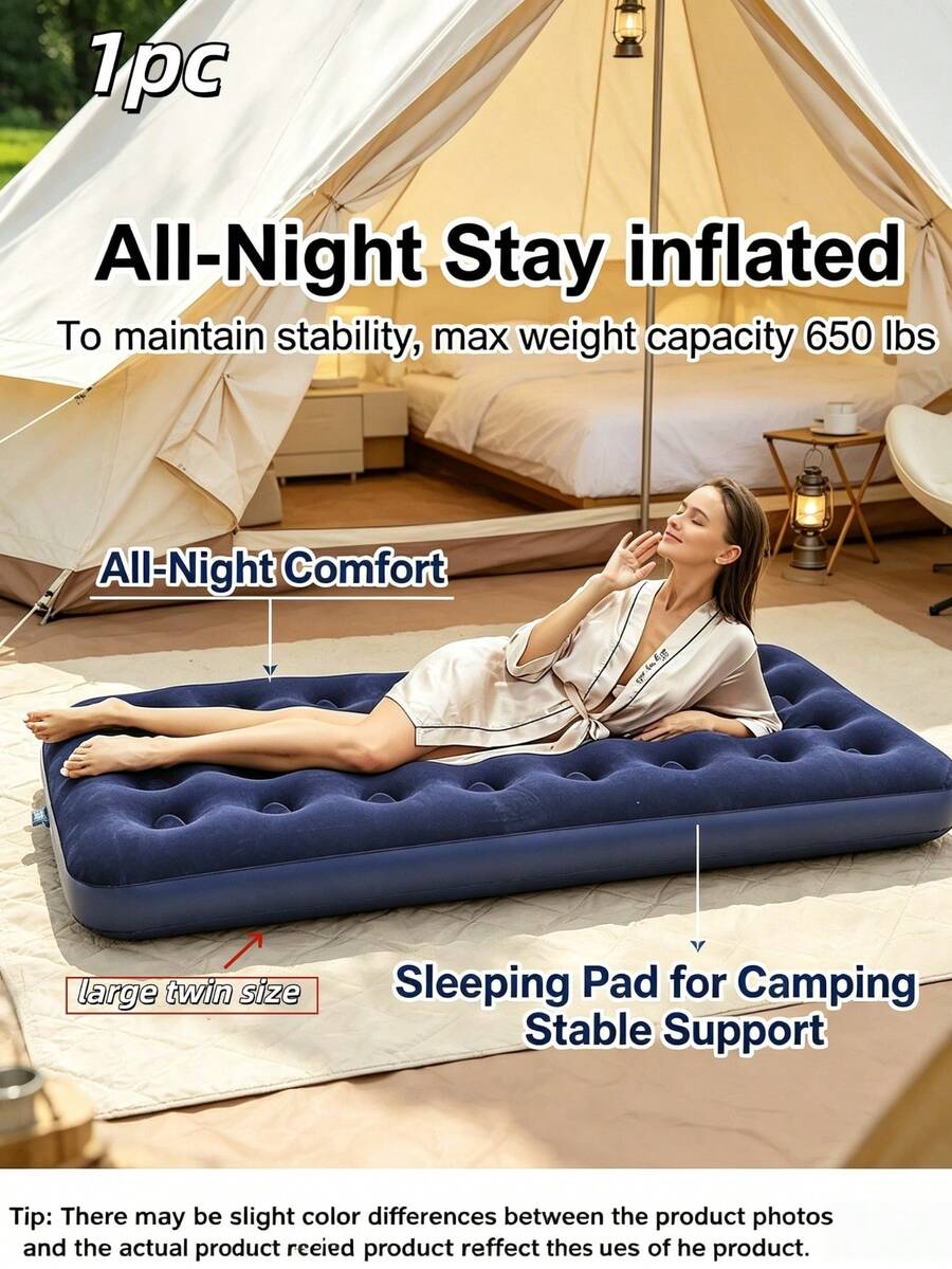 1pc Deep Blue Single Inflatable Mattress, Inflatable Camping Sleeping Pad, Quick Setup, Leak-Proof Stable Support, Minimalist Practical Outdoor Air Bed, Home Guest Travel Portable (Random Style Shipped)