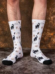 1/3 Pairs Street Style Jacquard Mid-Calf Socks, Black Cat & Skull Cute Quirky Creative Design, Fun Halloween Gift - Multicolor - View 4