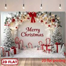 1 buah Banner Selamat Natal dengan Huruf Elegan dan Pita Merah, Latar Belakang Negeri Ajaib Musim Dingin Putih dan Emas dengan Pohon Bersalju, Karangan Bunga, dan Kotak Hadiah - A - View 1