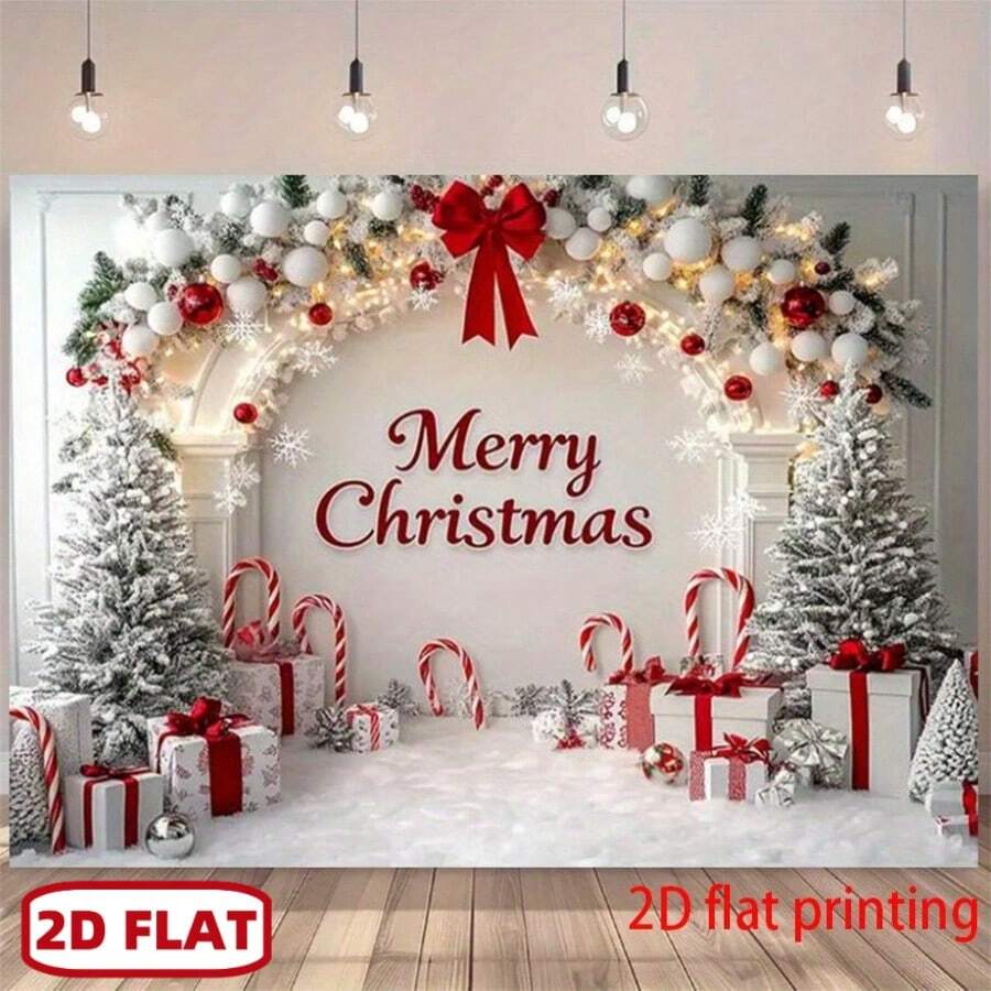 1 buah Banner Selamat Natal dengan Huruf Elegan dan Pita Merah, Latar Belakang Negeri Ajaib Musim Dingin Putih dan Emas dengan Pohon Bersalju, Karangan Bunga, dan Kotak Hadiah - A - View 1