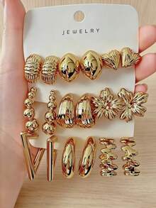 6/18PCS Women's Elegant Fashion Geometric Multi-Element Gold Metallic Earrings Set, Suitable For Party, Gift, Daily Wear, (Lightweight CCB Material, Non-Fading, No Ear Drooping Feeling) - Gold - View 9