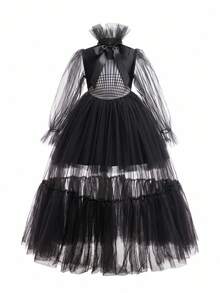 Tween Girl Black High Neck Mesh Patchwork Formal Dress, Suitable For Flower Girl Wedding, Birthday Party Princess Dress, Elegant Dress For Girls - Black - View 3