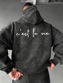 Men's C'est La Vie Slogan Hoodie, Minimalist Loose Fit Washed Pullover Sweatshirt - Black - View 2