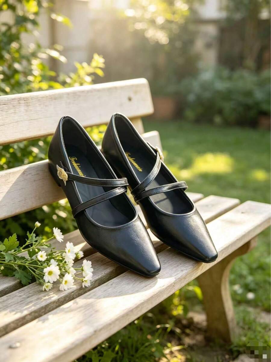 Black Pointed Toe Mary Jane Shoes, Thin Strap Metal Buckle, Low Shaft Gentle Commuter Women's Shoes - Black - View 1