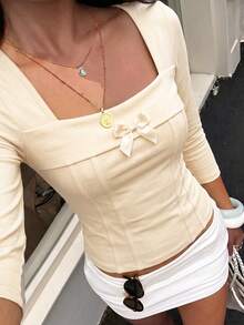 Women's Square Neck Long Sleeve Casual Top Spring/Autumn/Winter Women's Clothing Set - Apricot - View 6