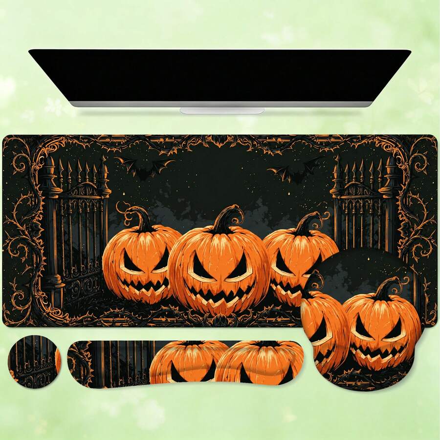 1pc Halloween Jack-O'-Lantern And Gothic Castle Print Extended Mouse Pad, Black Orange Bat Vintage Pattern Keyboard Desk Mat, Dark Desktop Decor - View 1