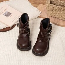 Fashion Kids Side‑Zip Thick‑Sole Ankle Boots With Double Buckle Detail For Everyday Matching - Brown - View 3