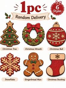 1/6 Styles 1set Christmas Wooden Coaster Set, Festive Tree Wreath Snowflake Gingerbread Stocking & Ornament Drink Coasters, Rustic Holiday Table Decor, Coffee Mug Cup Mats, Christmas Gift For Home Kitchen Party Decoration - Multicolor - View 9