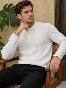 Men's Autumn Casual Solid Color Textured Jacquard Button Half-Open Henley Collar Long Sleeve T-Shirt, Suitable For Daily Commute, Travel, Long Sleeve Top - White - View 5
