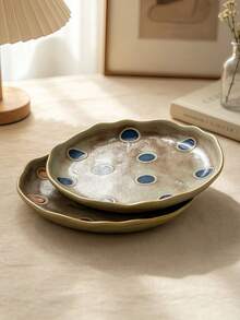 Piring Keramik Vintage Motif Polkadot Emboss 3D, Piring Saji Dessert dan Salad dengan Tepi Bergelombang Asimetris Bergaya Rustik Glazed, Piring Porselen Buatan Tangan Cocok untuk Meja Makan dan Pajangan Perhiasan - MultiWarna - View 8