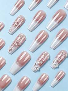 24 Pcs Long Coffin French Pink White With Grass And Pearl Reusable Acrylic Press-On Nails Y2K Style With 24 Adhesive Tabs And Mini Nail File - Dusty Pink - View 3