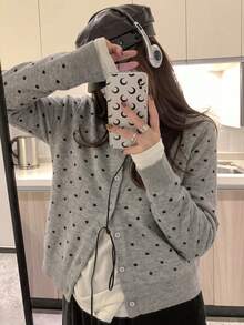 Cardigan Wanita Motif Polkadot Vintage Leher Bulat, Jaket Rajut Kasual Longgar Kancing Tunggal yang Melangsingkan, Musim Gugur/Dingin - Grey - View 1