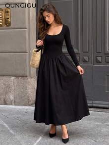 QUNGIGU Elegant Women Square Neck Maxi Dress Long Sleeve Cinched Waist Flared Hem For Fall Winter Going Out Dating Daily Wear - Black - View 2