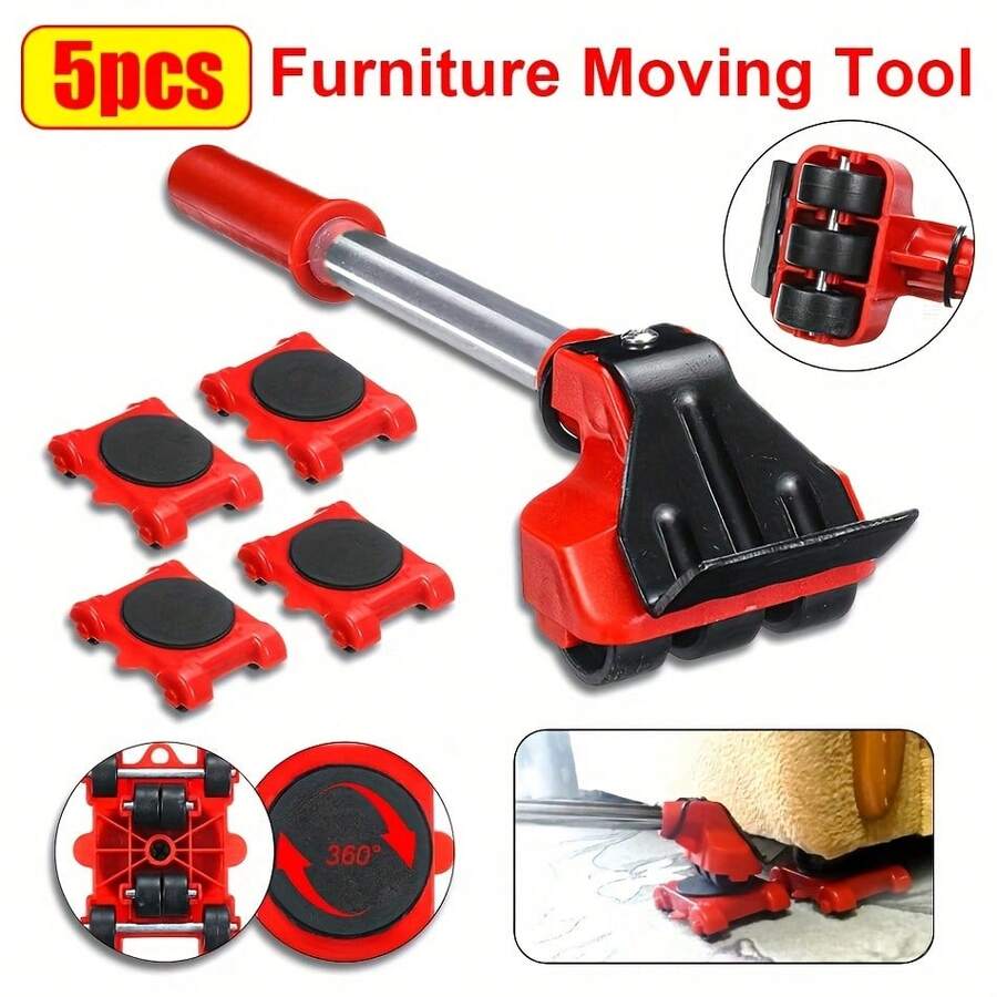 5-Piece Heavy-Duty Lifting & Moving Dolly Set With 360° Swivel Wheels – Sturdy Metal Frame And Reinforced Plastic Construction, Bold Red – Non-Electric Multi-Purpose Tool For Easy Furniture Transport, Suitable For Home, Office, Hotel And Commercial Use - Red - View 1