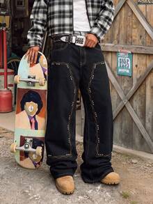 Men's Retro Black Wide‑Straight Jeans, Wavy Contrast Stitching With Silver Rivet Decor Street Denim Pants - Black - View 1