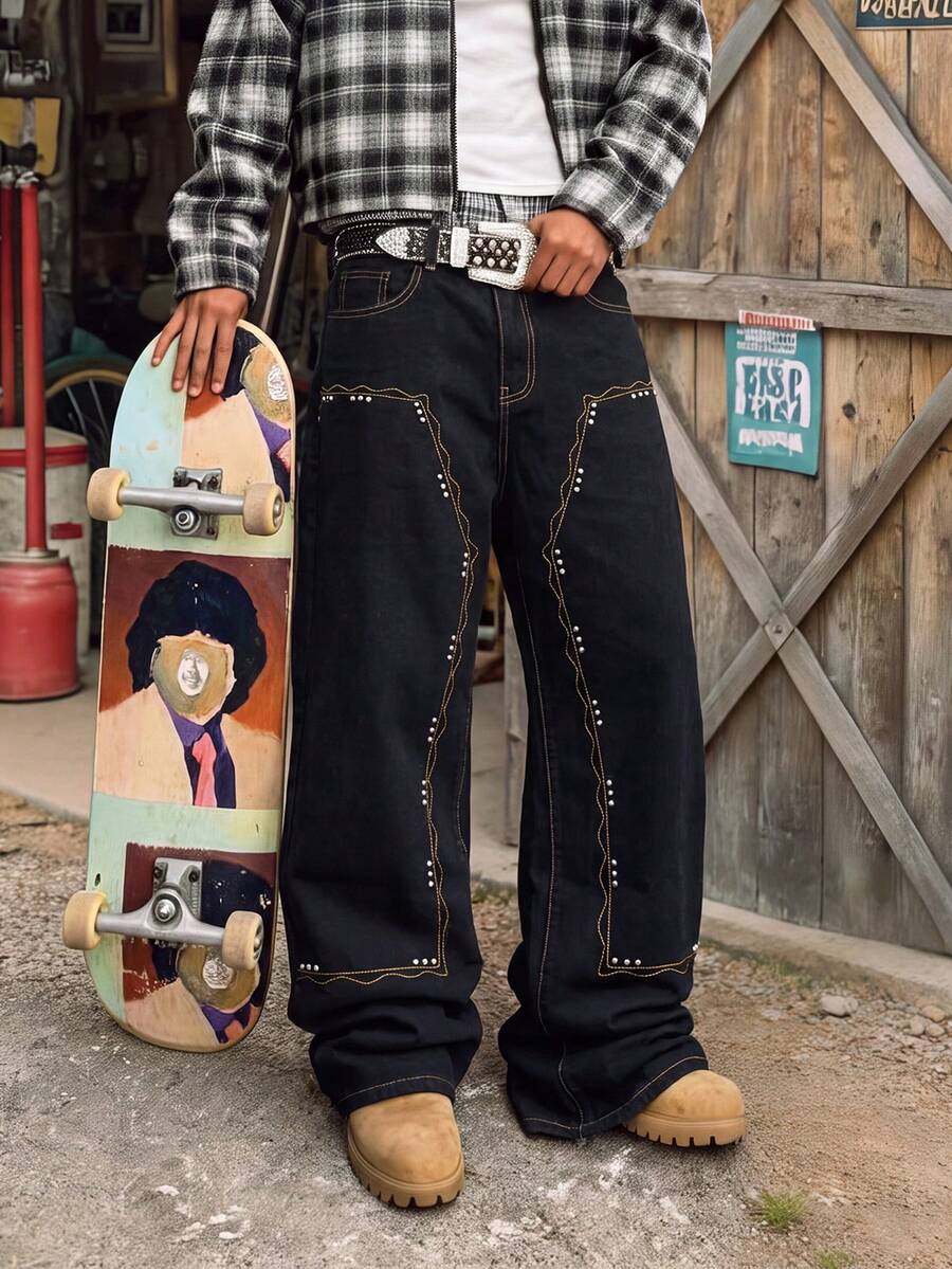Men's Retro Black Wide‑Straight Jeans, Wavy Contrast Stitching With Silver Rivet Decor Street Denim Pants - Black - View 1