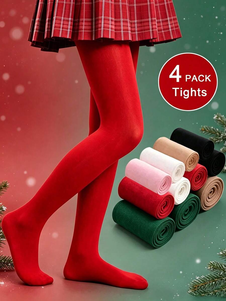 4 Pairs Random Color Kids Tights, Sweet Winter Red Green Tone Tights ...