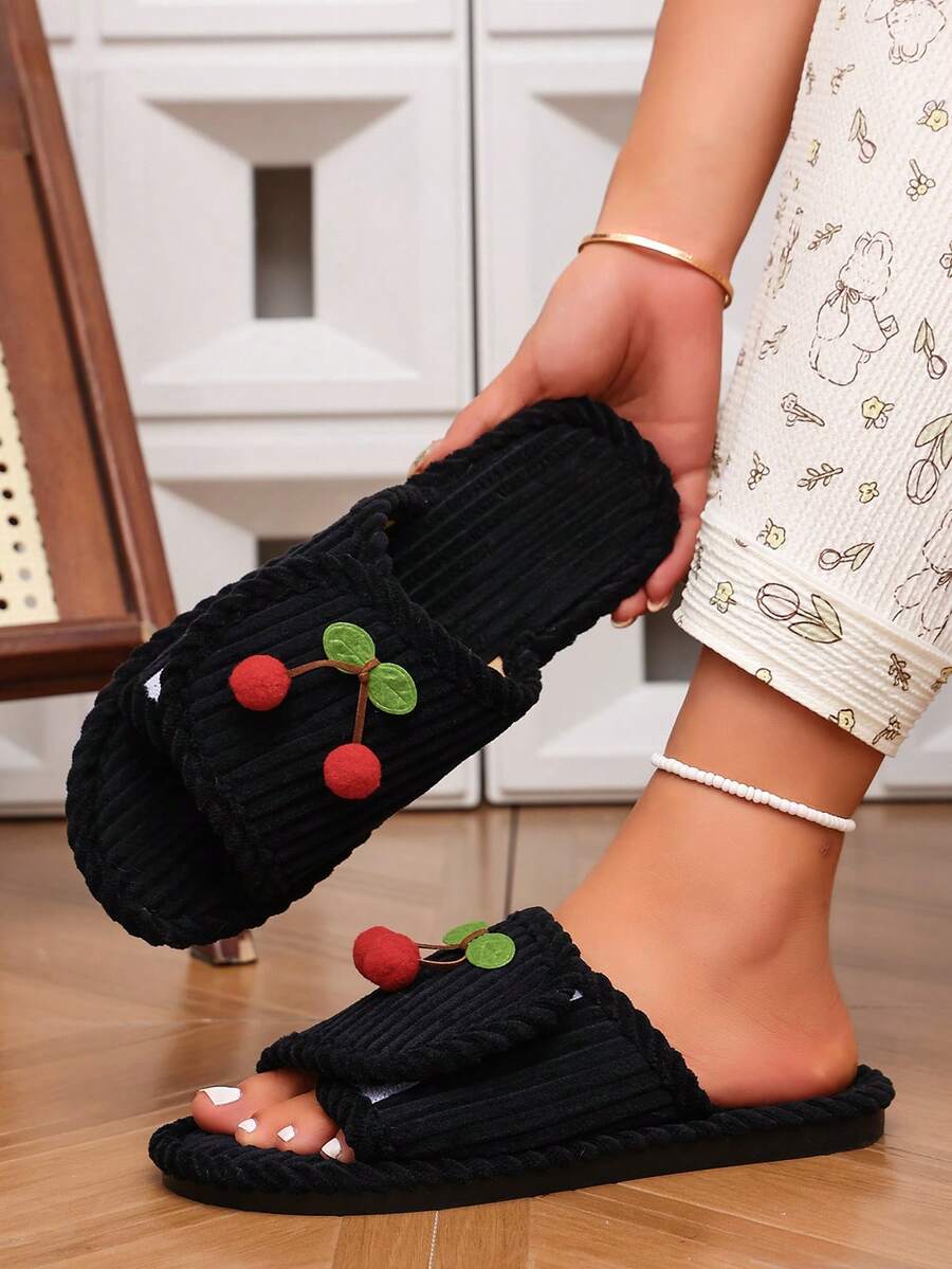 1 Pair Cute Cherry Decor Hook & Loop Design Women's Open Toe Plush Slippers, Corduroy Fabric, Soft Sole Comfortable Indoor Slippers - Black - View 1