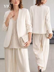 YIU LUMOS Women's White Collarless Blazer, Long Sleeve Single Breasted, Minimalist Elegant Office Suit Jacket For Fall Winter Work - White - View 5