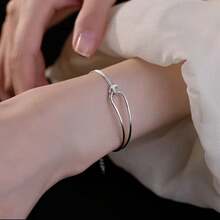1pc Minimalist Niche Asymmetric Double Layer Curved Tube & Starry Spliced Half Chain Bracelet - Antique Silver - View 2