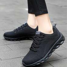 Casual Sports Shoes, Mesh Slip-On Fitness Running PU Material Sneakers - Black - View 1
