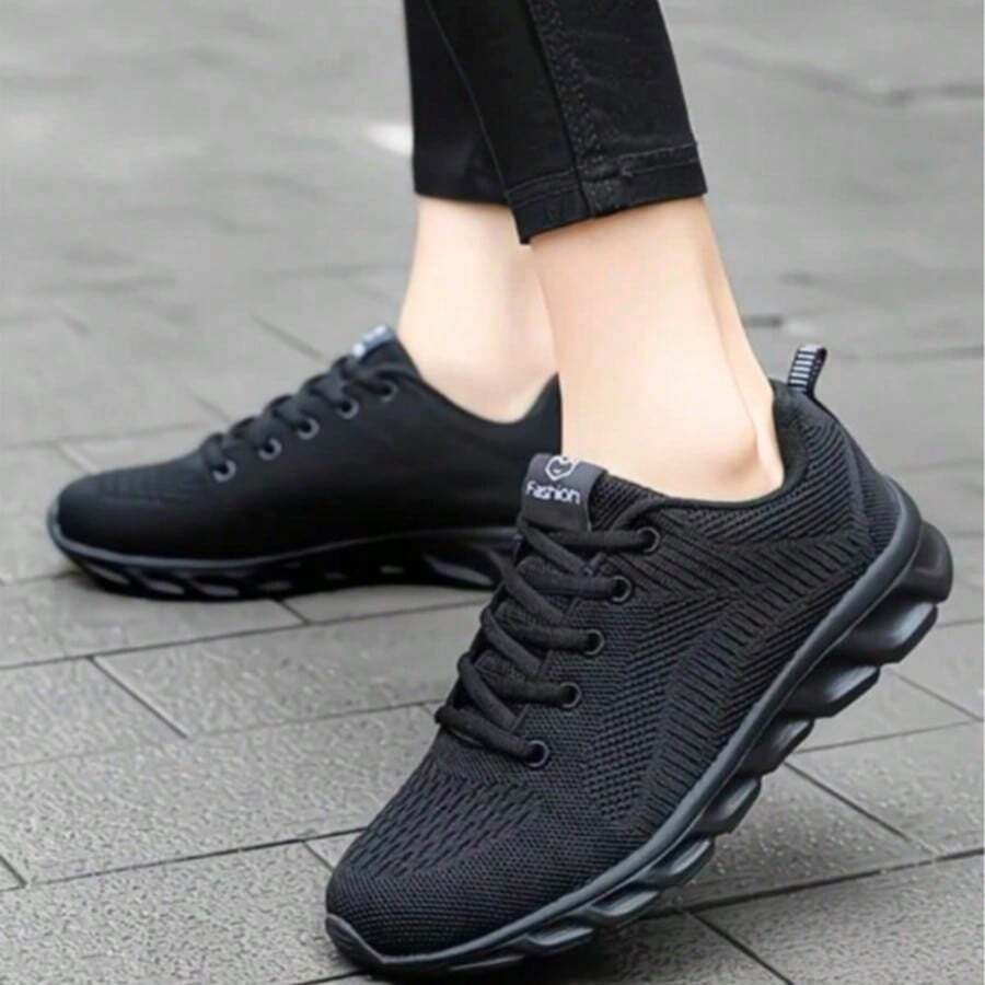 Casual Sports Shoes, Mesh Slip-On Fitness Running PU Material Sneakers - Black - View 1