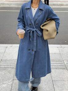 Women's Vintage Long Sleeve Denim Trench Coat Jacket With Belt, Lapel And Button Design - Medium Wash - View 4