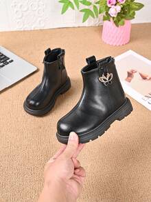 Girls' Minimalist Ankle Boots With Butterfly Rhinestone Buckle, Back Zipper, Thick Sole, Durable, Fashionable, Versatile Casual Boots For Autumn/Winter - Black - View 2